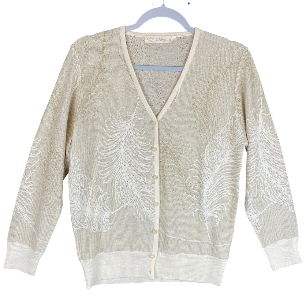 Camela Vintage Wool Blend Metallic Gold Feather Knit V-Neck Cardigan Sweater‎ 34